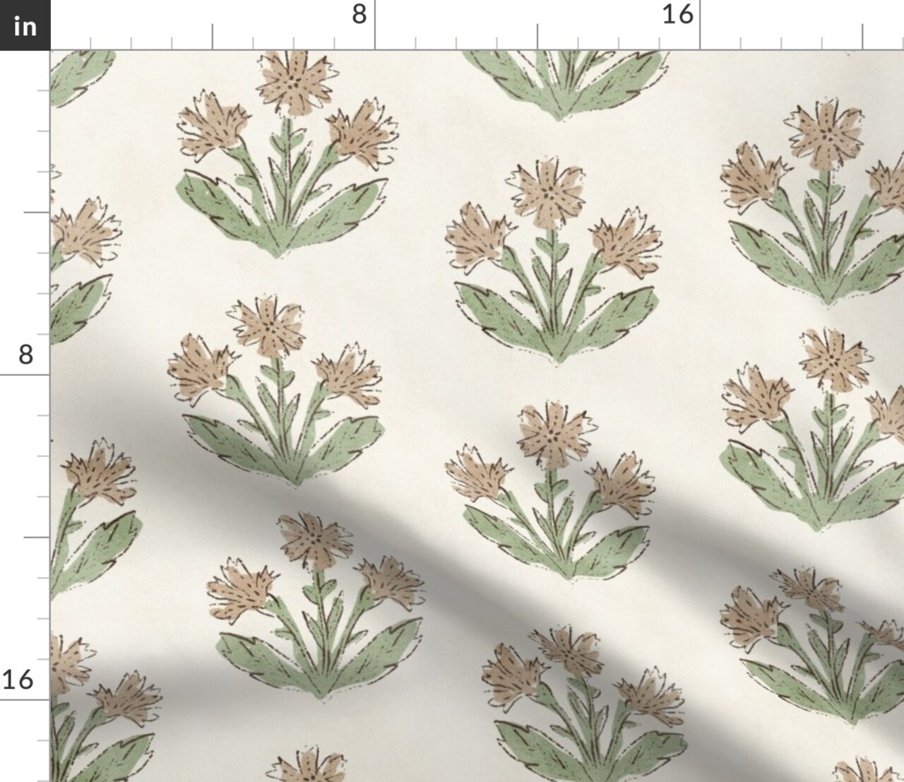 Rustic Floral Beige Green Botanical Flowers Earth Tone Farmhouse Block Print Boho Custom Printed Fabric by Spoonflower Various Fabrics by the Yard or Fat Quarter
